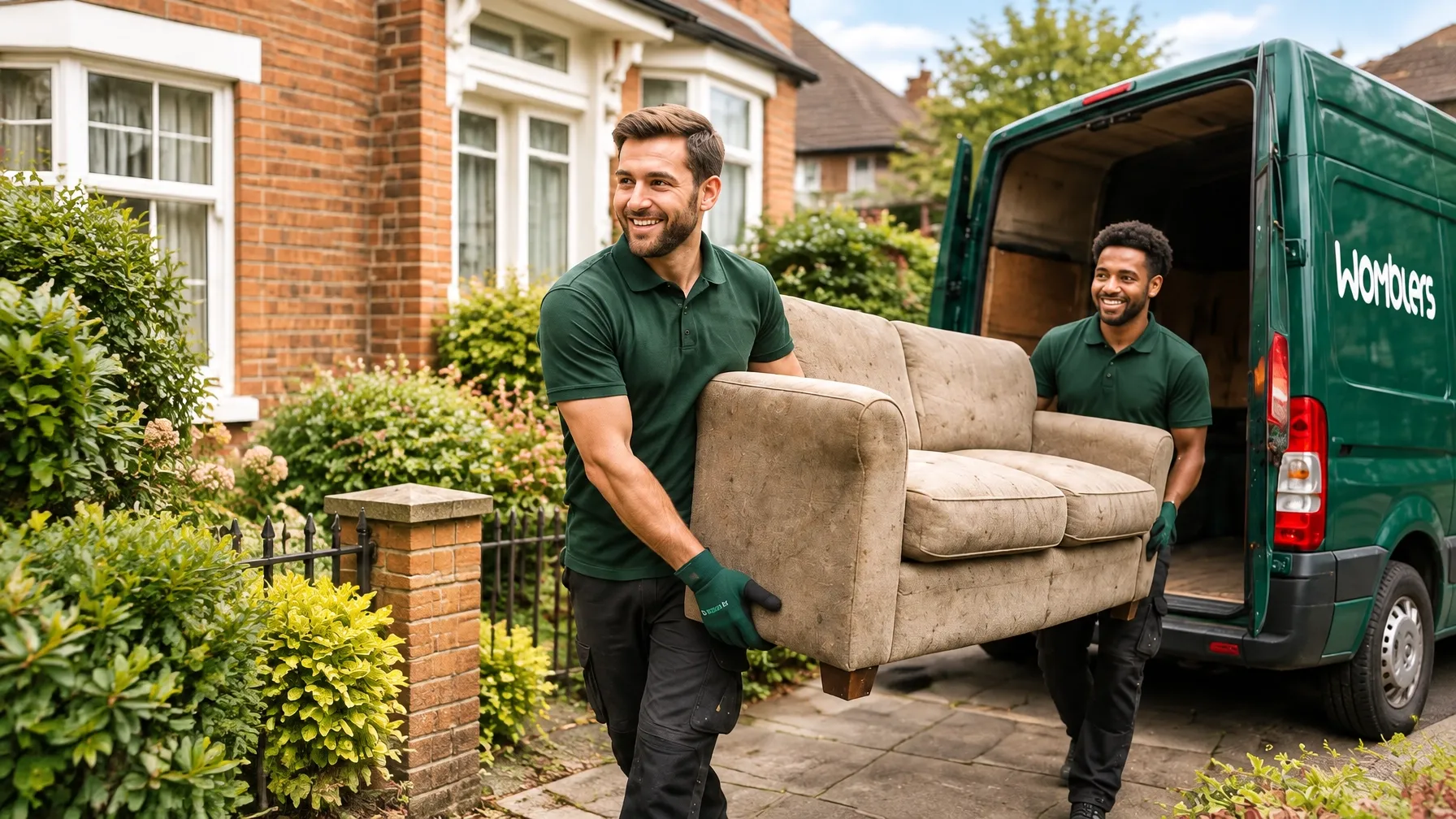 Two Womblers collection crew members carrying a beige sofa towards a green van outside a UK home